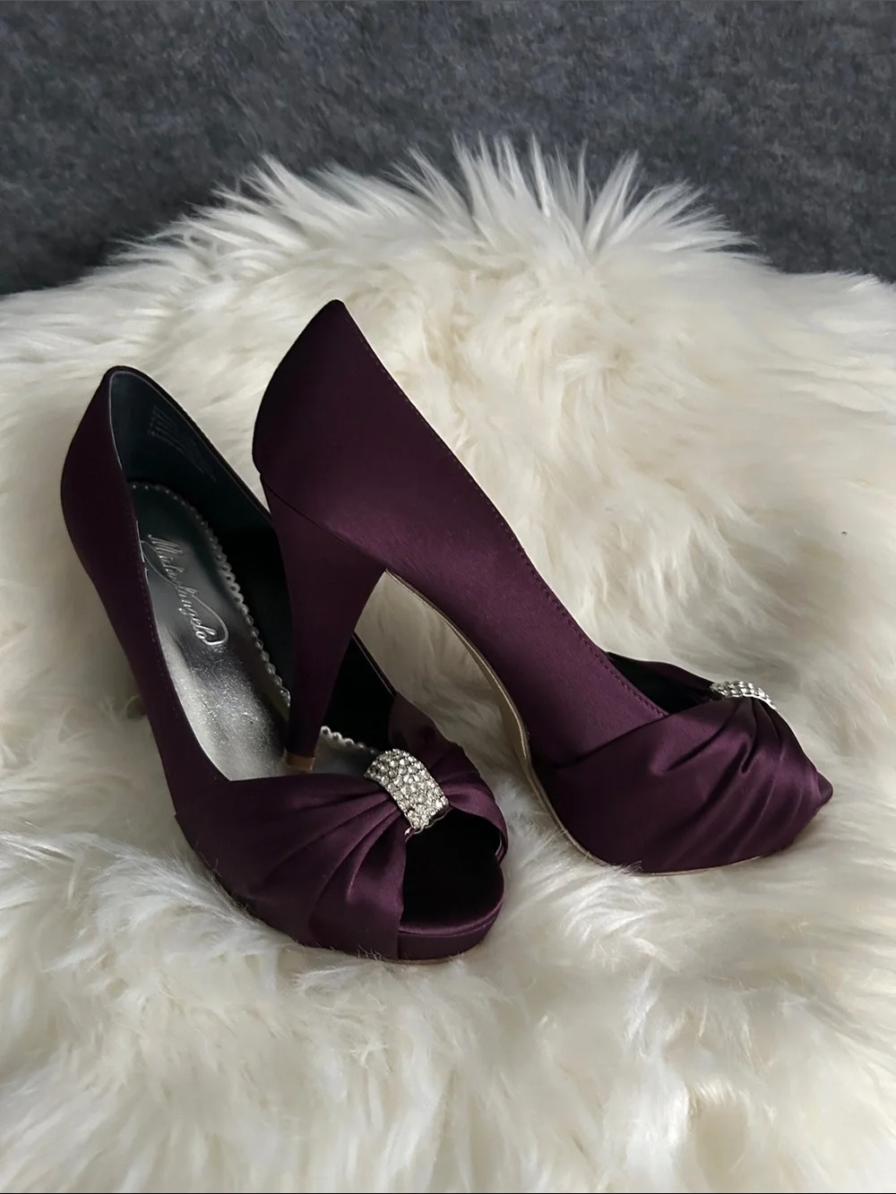 Michaelangelo Plum Satin Peep-Toe Heels with Crystal Bow